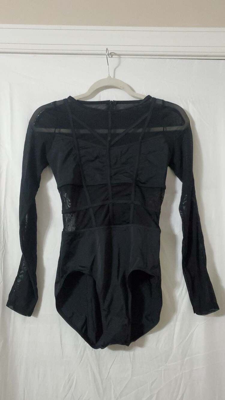 Weissman Cage Strap Detail Mesh Long Sleeve Leotard Black Size MA